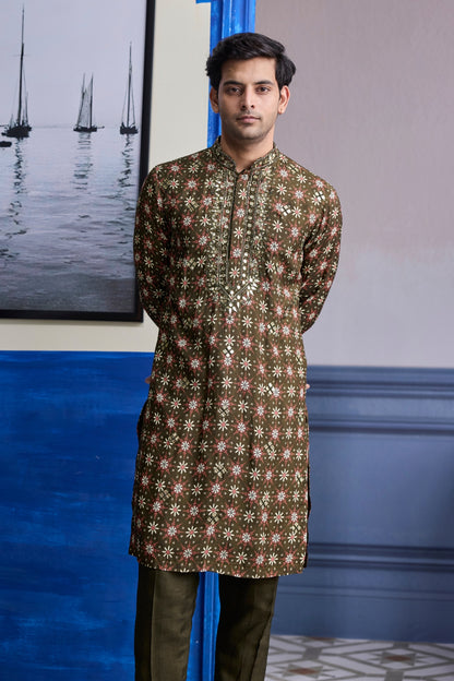OLIVE BUTTA HIGHLIGHTED KURTA WITH SOLID PANTS