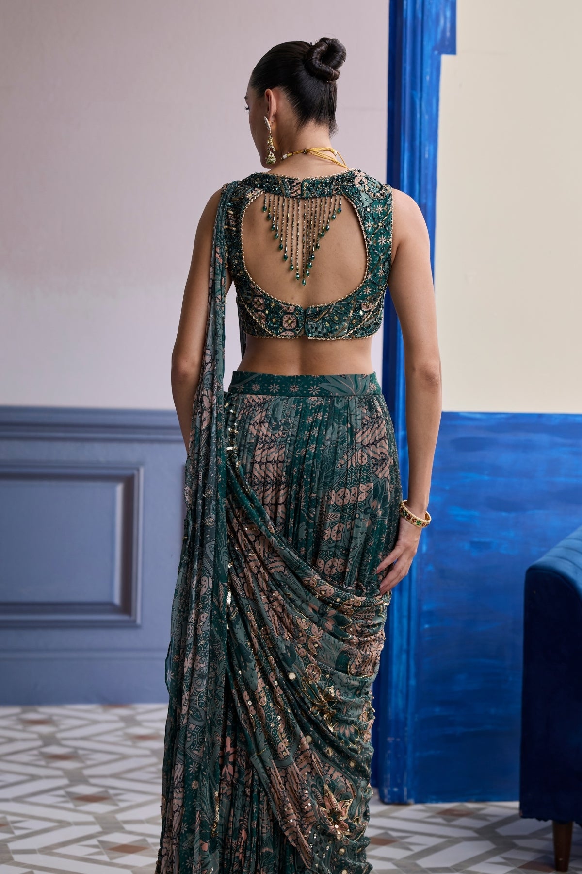 TEAL FLORAL BLOUSE WITH DRAPED TIERED SAREE SKIRT SET