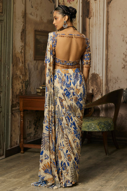 IVORY PRINTED AND HIGHLIGHTED SHARARA PANTS SAREE SET