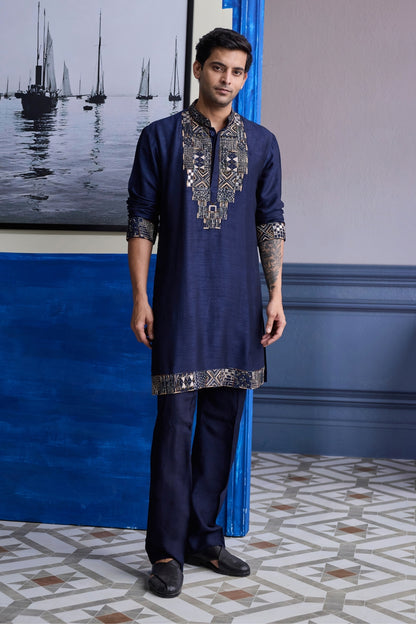 DARK BLUE GEOMETRIC EMBOIDERED KURTA WITH SOLID PANTS