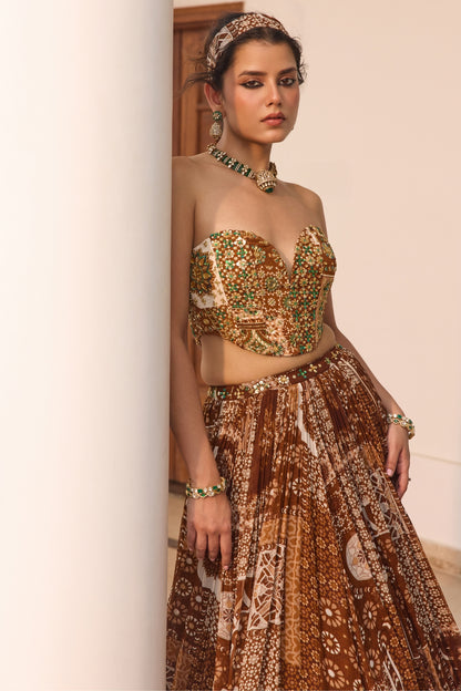 CARAMEL PRINT AND HIGHLIGHTED CORSET TOP WITH LEHENGA SET