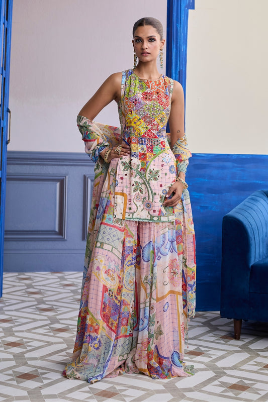 BLUSH PINK MOSAIC KURTI WITH FLARED SHARARA & DUPATTA SET