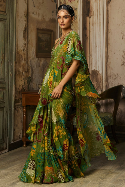 PEAR GREEN PRINTED AND HIGHLIGHTED RUFFLE SKIRT SAREE SET