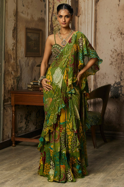 PEAR GREEN PRINTED AND HIGHLIGHTED RUFFLE SKIRT SAREE SET