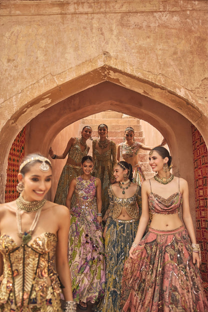 DUSK PINK HIGHLIGHTED BLOUSE WITH LEHENGA & EMBROIDERED DUPATTA SET