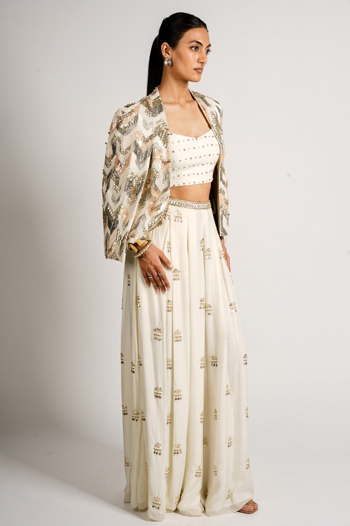 Reyana Embellished Cape Jacket With Bustier and Flared Pant