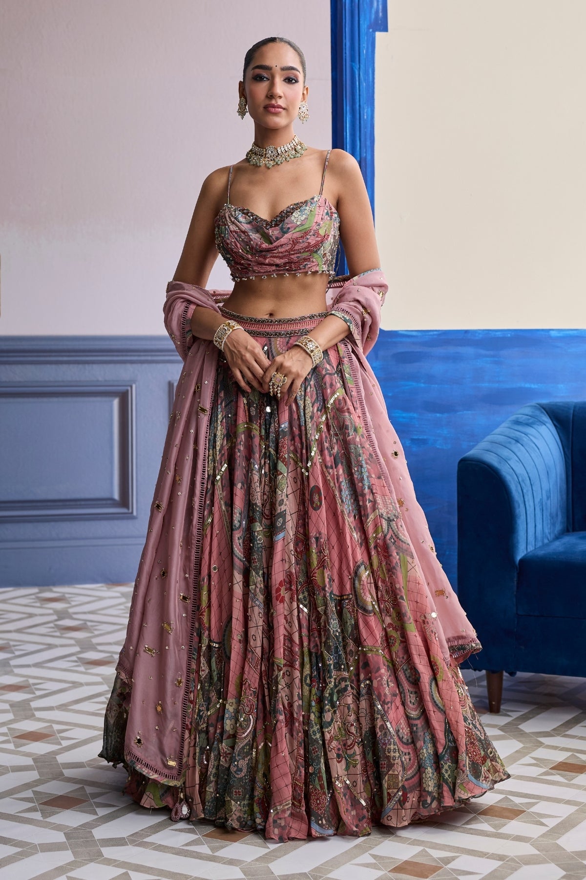 DUSK PINK HIGHLIGHTED BLOUSE WITH LEHENGA & EMBROIDERED DUPATTA SET