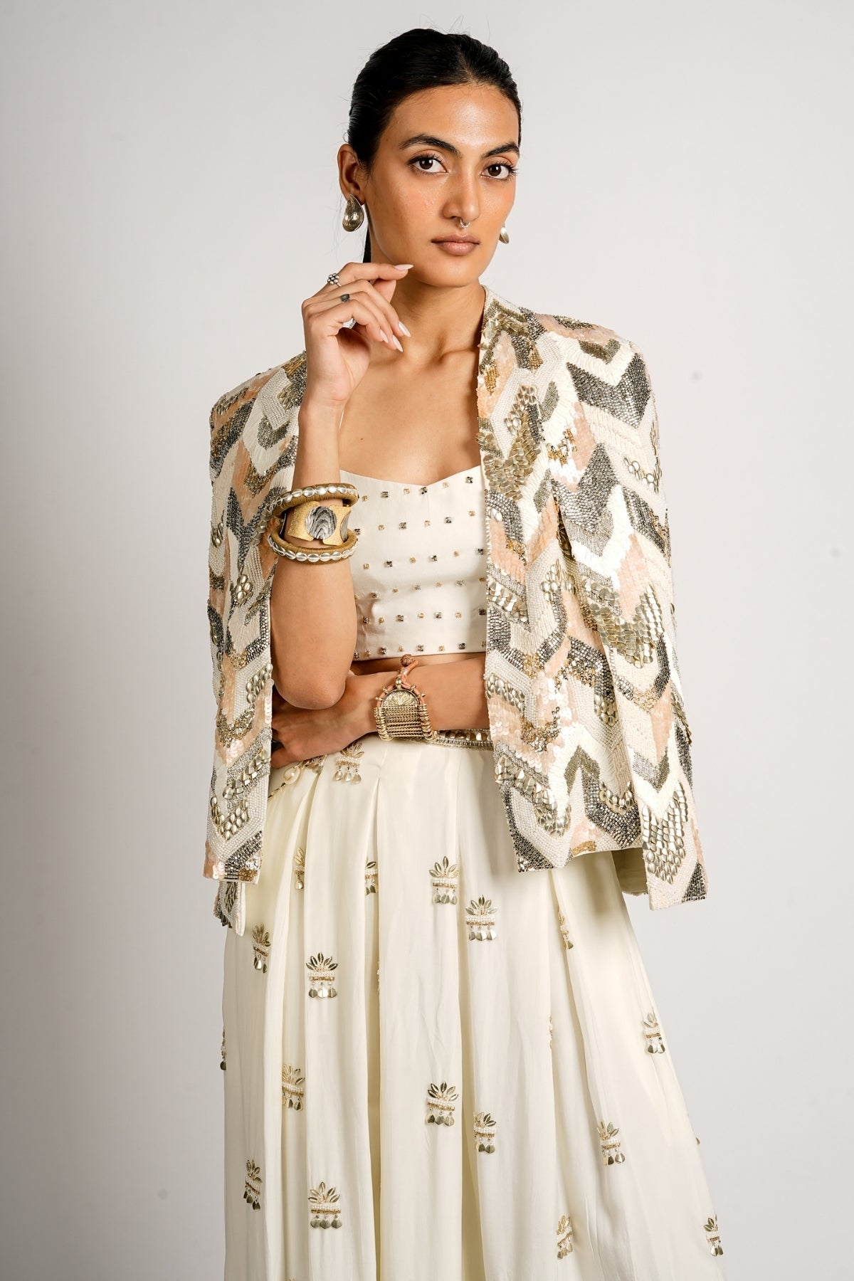 Reyana Embellished Cape Jacket With Bustier and Flared Pant