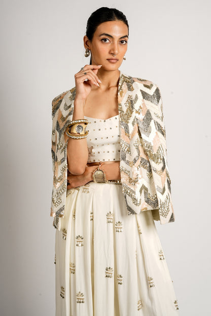 Reyana Embellished Cape Jacket With Bustier and Flared Pant