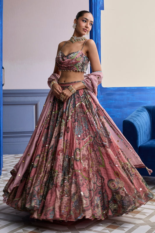 DUSK PINK HIGHLIGHTED BLOUSE WITH LEHENGA & EMBROIDERED DUPATTA SET