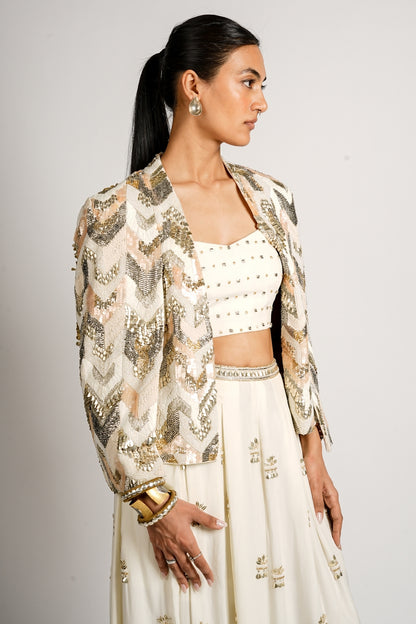 Reyana Embellished Cape Jacket With Bustier and Flared Pant