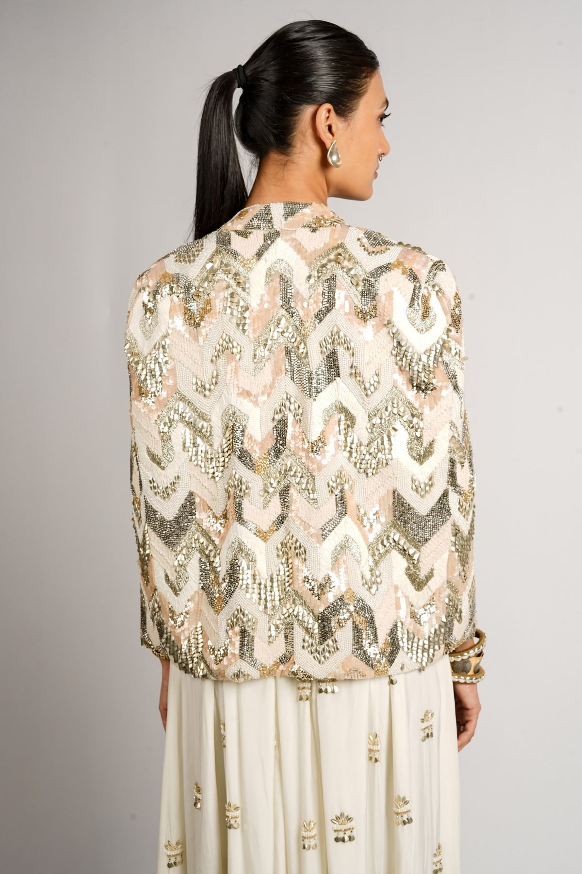 Reyana Embellished Cape Jacket With Bustier and Flared Pant