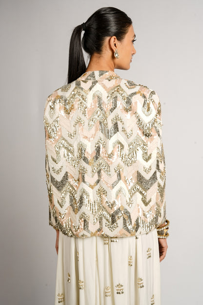 Reyana Embellished Cape Jacket With Bustier and Flared Pant