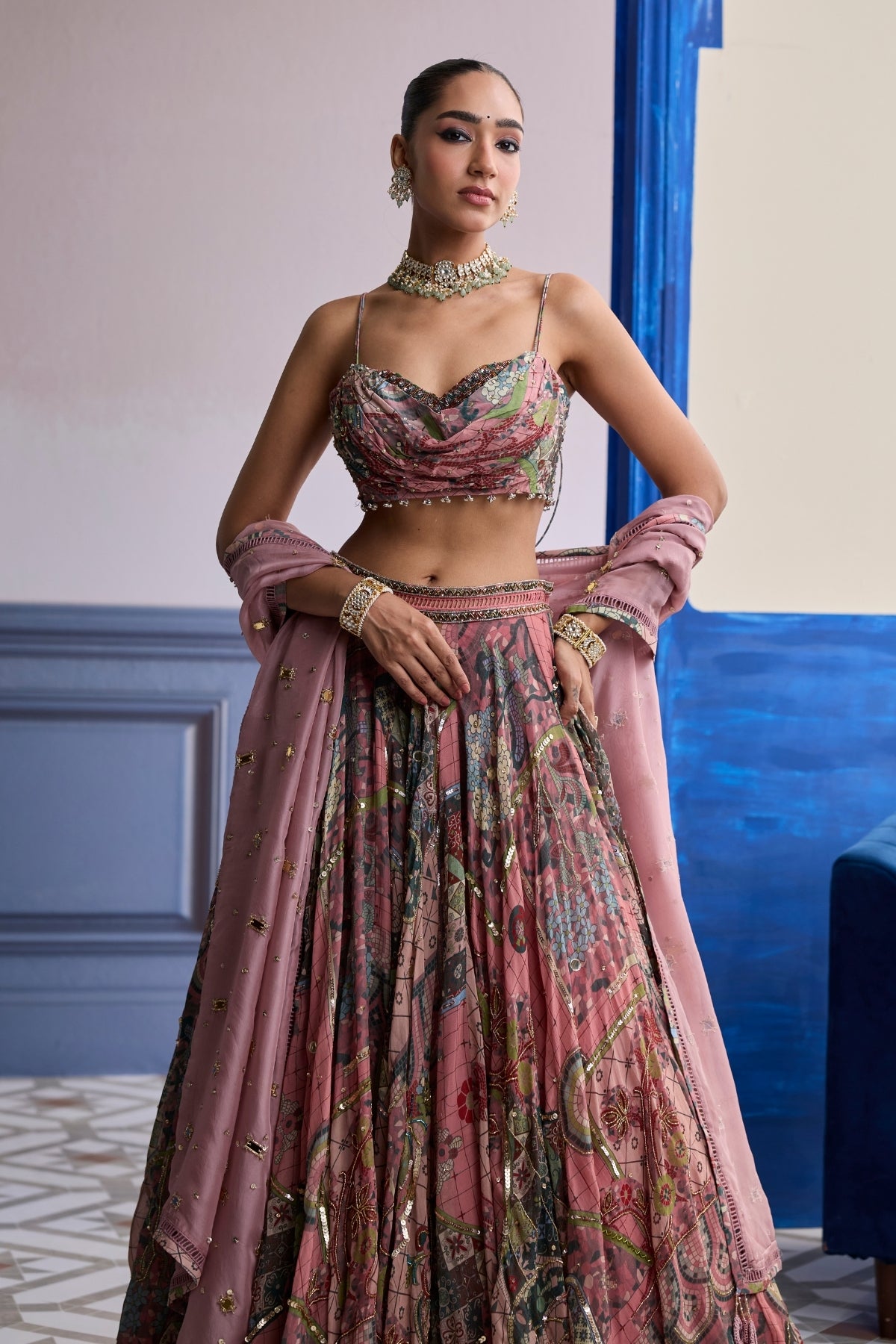 DUSK PINK HIGHLIGHTED BLOUSE WITH LEHENGA & EMBROIDERED DUPATTA SET