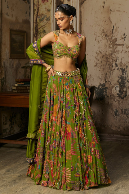 PEAR GREEN PRINTED AND HIGHLIGHTED LEHENGA SET