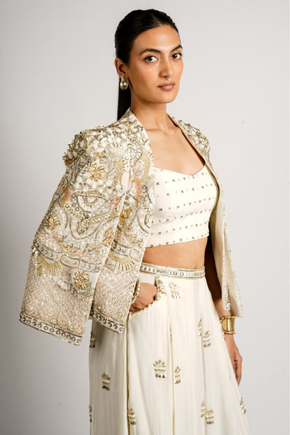 Mehraan Embellished Cape Jacket With Bustier and Flared Pant