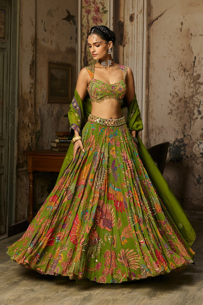 PEAR GREEN PRINTED AND HIGHLIGHTED LEHENGA SET