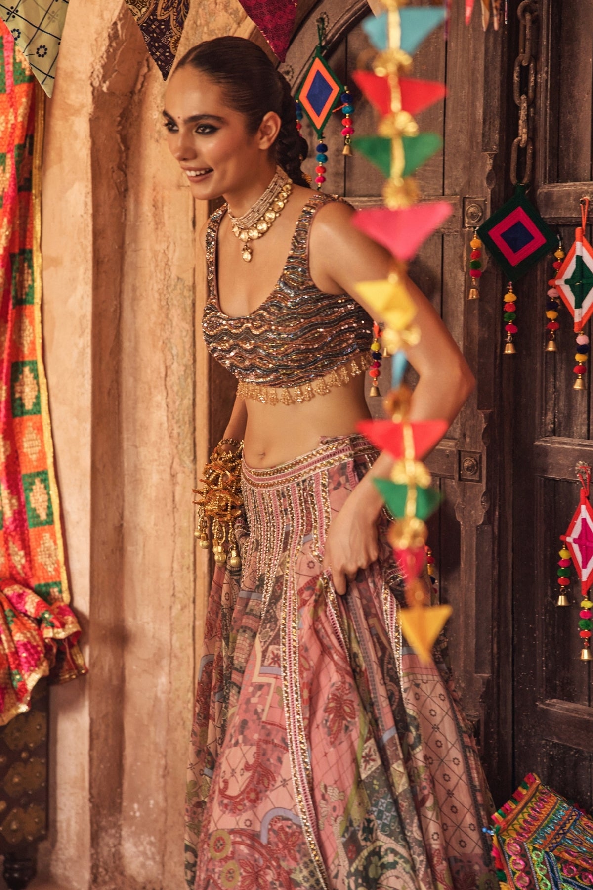 DUSK PINK EMBROIDERED BLOUSE WITH LACE LEHENGA & TASSEL DUPATTA SET