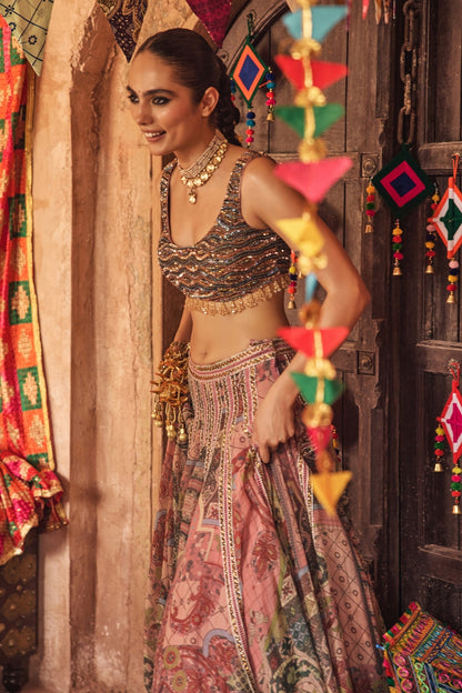 DUSK PINK EMBROIDERED BLOUSE WITH LACE LEHENGA & TASSEL DUPATTA SET