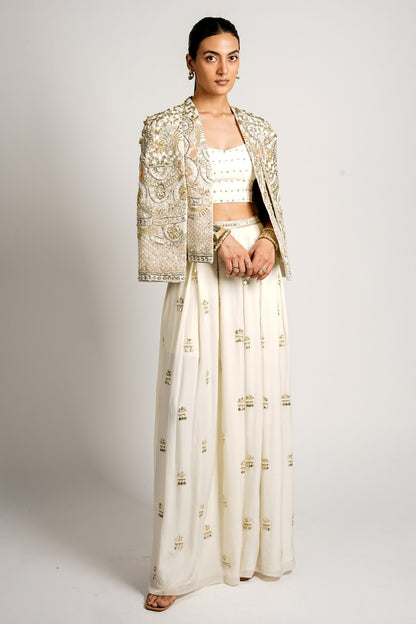 Mehraan Embellished Cape Jacket With Bustier and Flared Pant