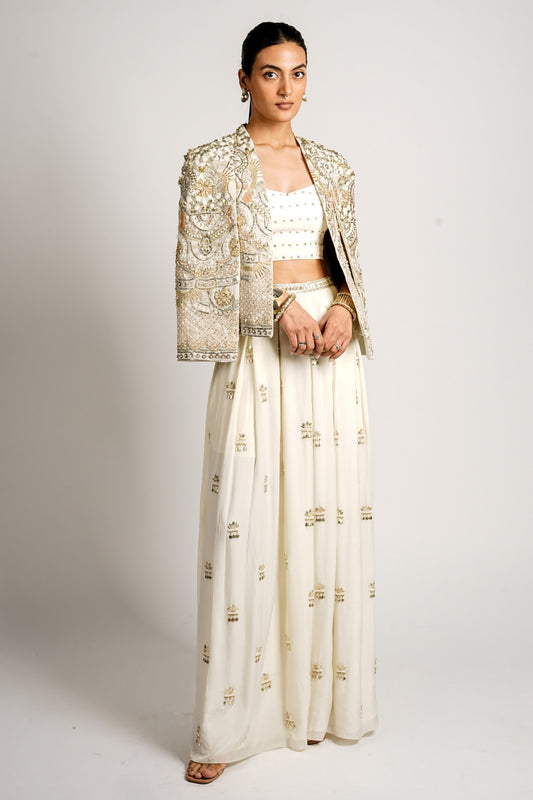 Mehraan Embellished Cape Jacket With Bustier and Flared Pant