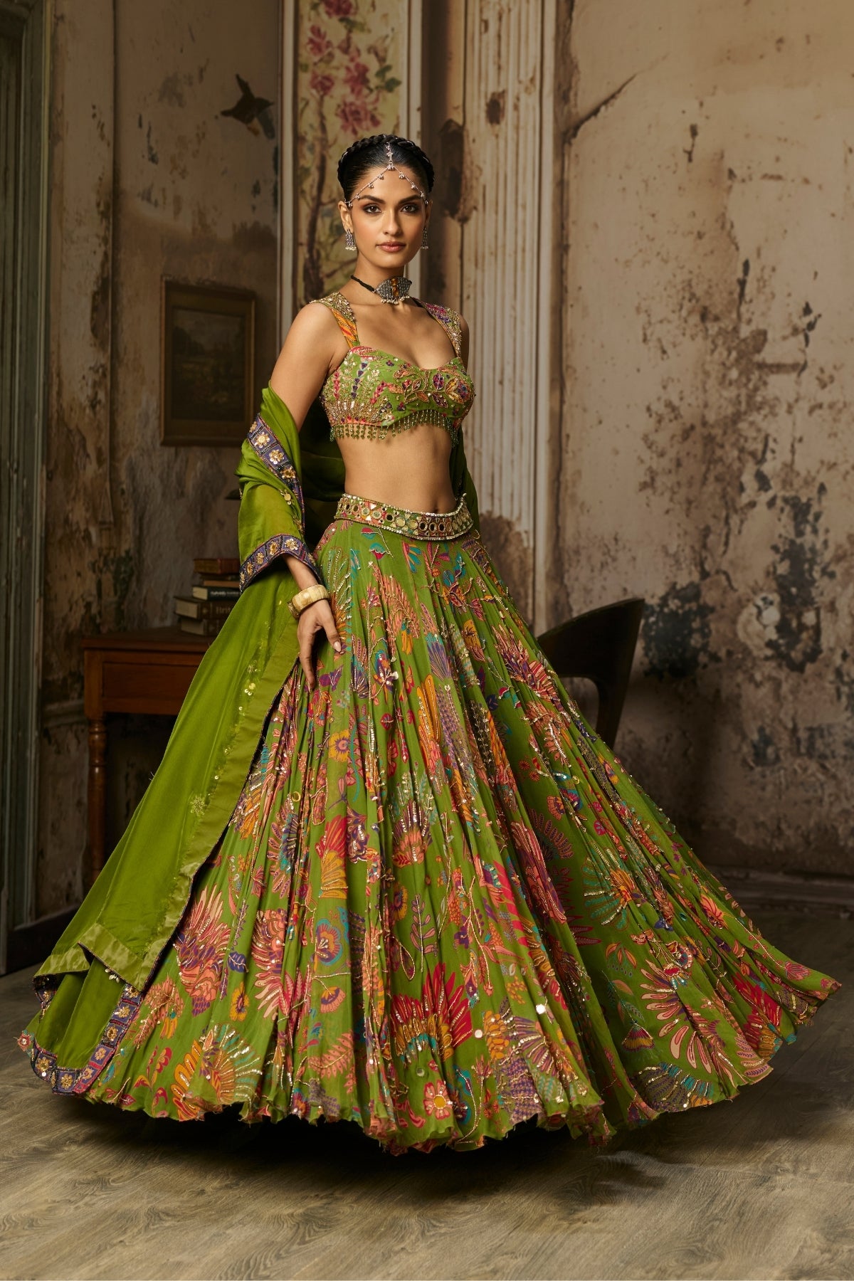 PEAR GREEN PRINTED AND HIGHLIGHTED LEHENGA SET