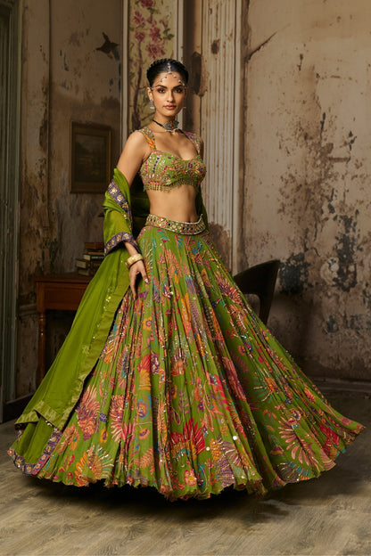 PEAR GREEN PRINTED AND HIGHLIGHTED LEHENGA SET