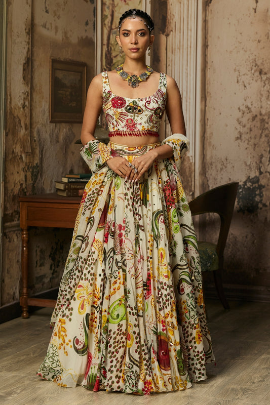 IVORY PRINT AND HIGHLIGHTED LEHENGA SET