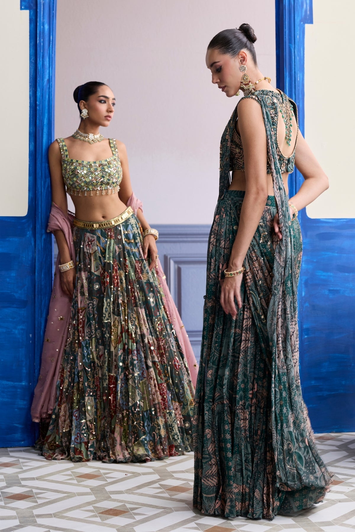 TEAL FLORAL BLOUSE WITH DRAPED TIERED SAREE SKIRT SET
