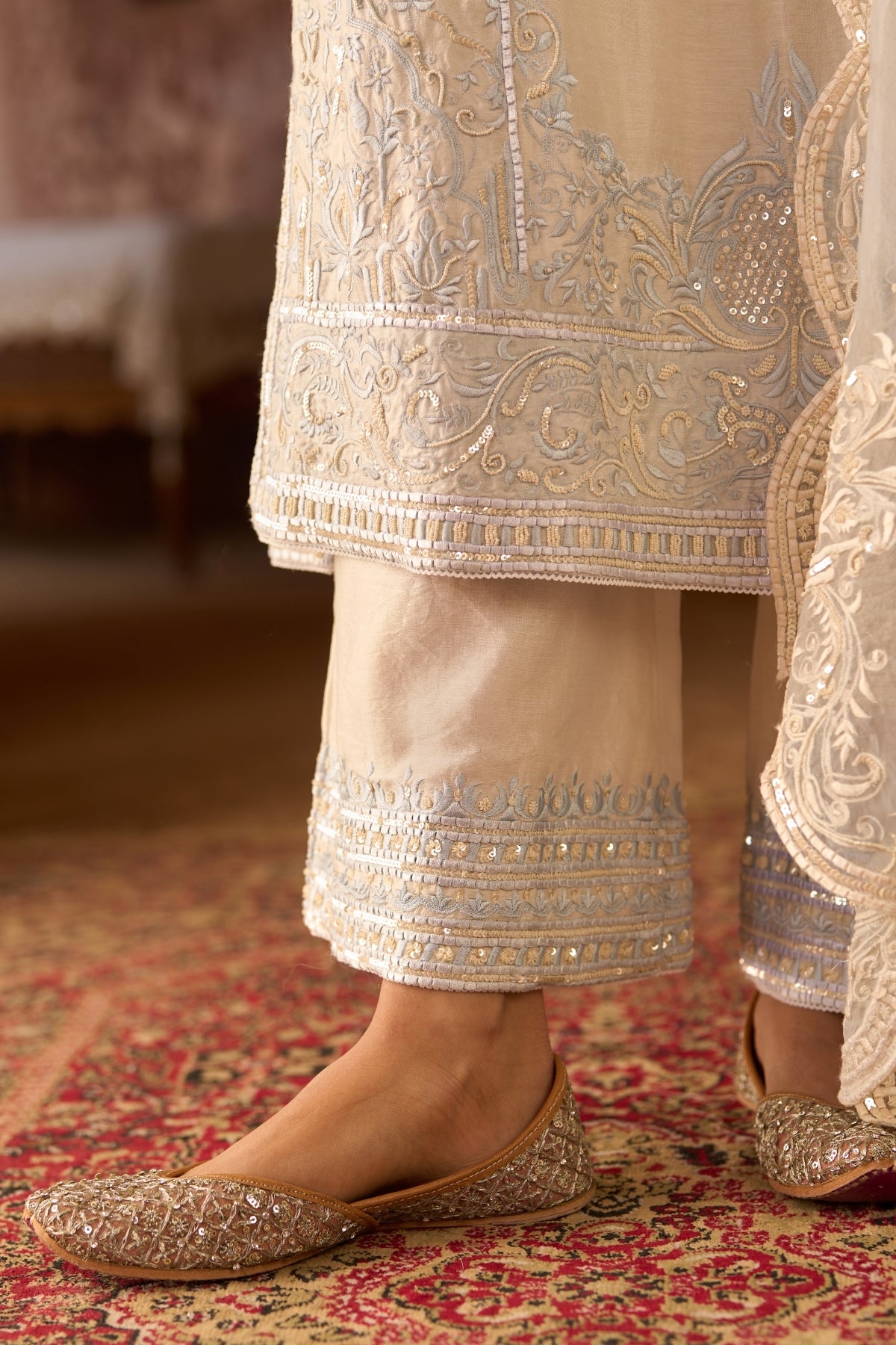 Ena - Daisy Ivory With Blue Long A-line Kurta With Palazzo And Dupatta