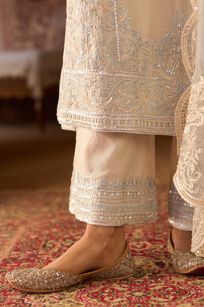 Ena - Daisy Ivory With Blue Long A-line Kurta With Palazzo And Dupatta