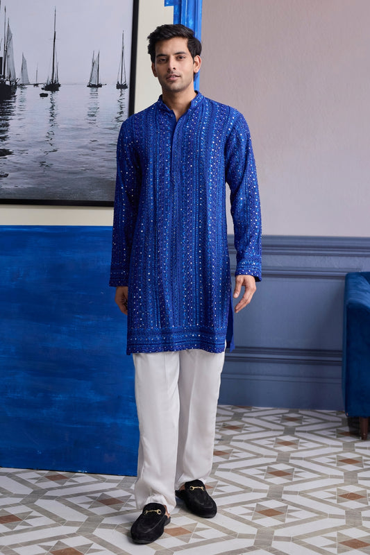 ELECTRIC BLUE MIRROR EMBROIDERY & THREAD WORK  KURTA WITH PANTS