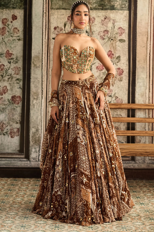 CARAMEL PRINT AND HIGHLIGHTED CORSET TOP WITH LEHENGA SET