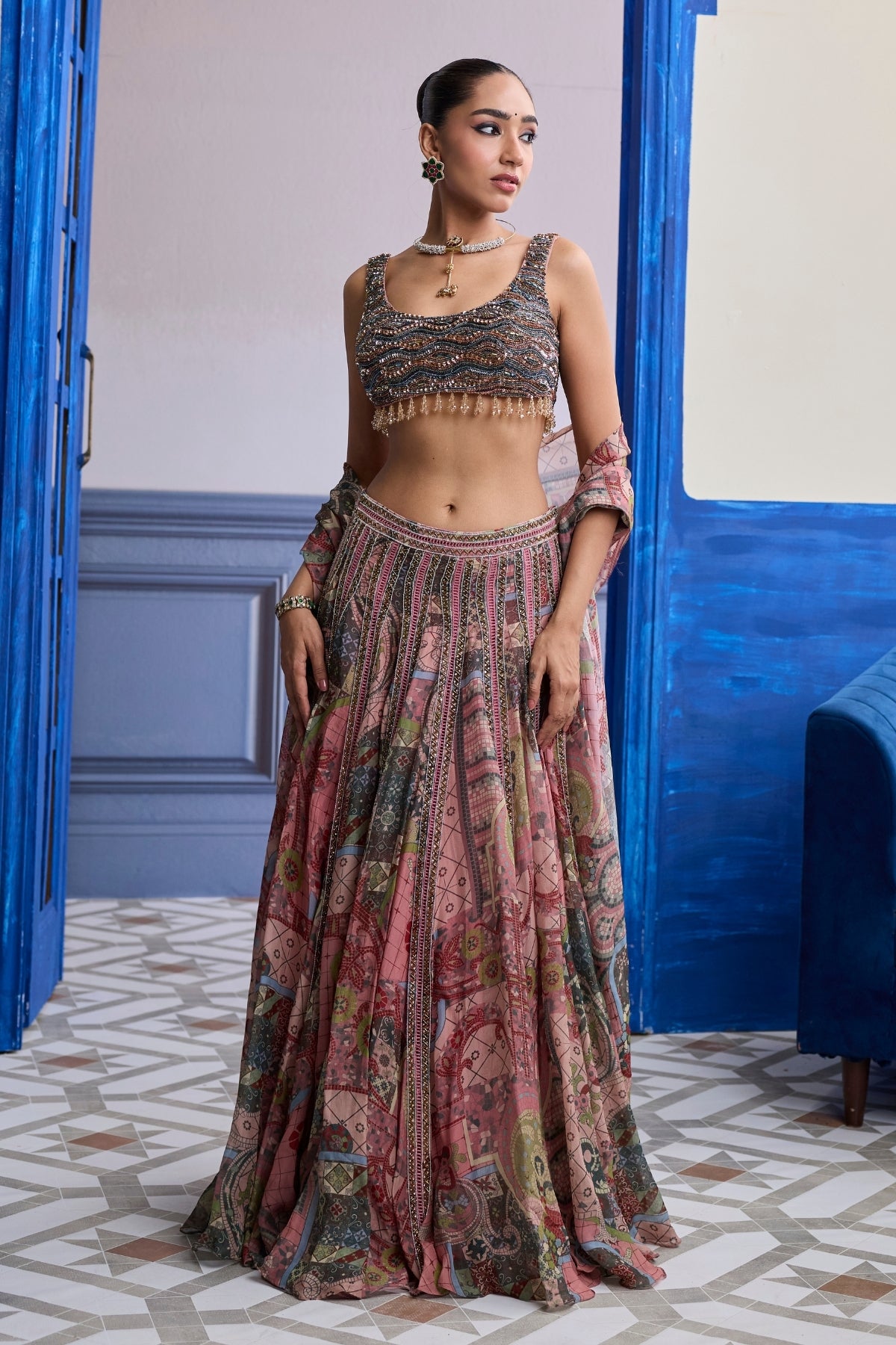 DUSK PINK EMBROIDERED BLOUSE WITH LACE LEHENGA & TASSEL DUPATTA SET