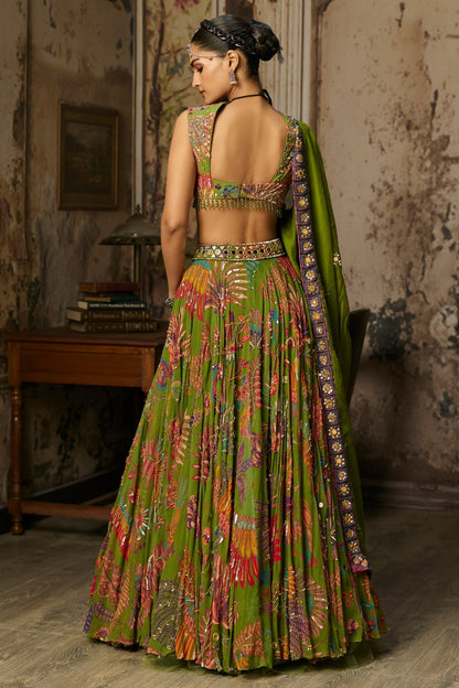 PEAR GREEN PRINTED AND HIGHLIGHTED LEHENGA SET