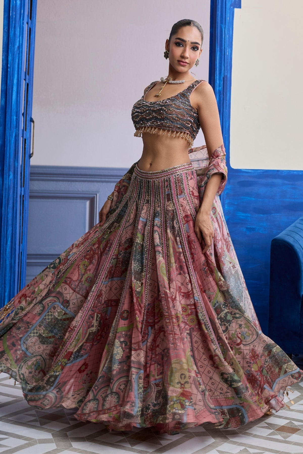 DUSK PINK EMBROIDERED BLOUSE WITH LACE LEHENGA & TASSEL DUPATTA SET