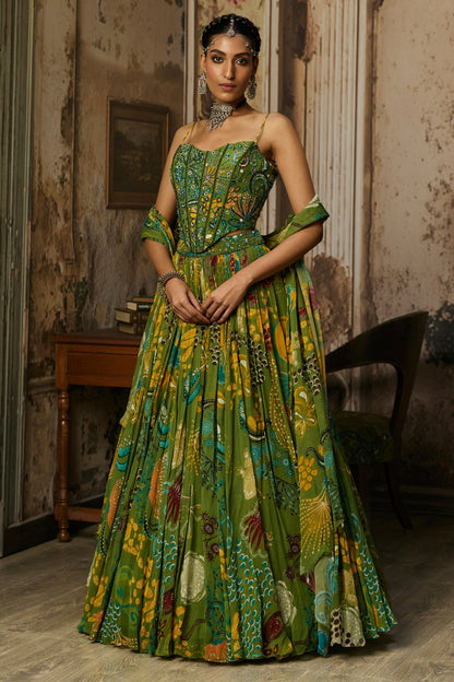PEAR GREEN PRINTED AND HIGHLIGHTED CORSET LEHENGA SET