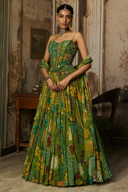 PEAR GREEN PRINTED AND HIGHLIGHTED CORSET LEHENGA SET
