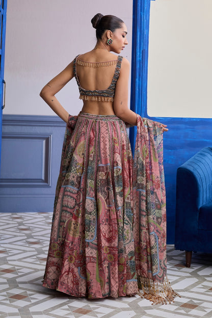 DUSK PINK EMBROIDERED BLOUSE WITH LACE LEHENGA & TASSEL DUPATTA SET