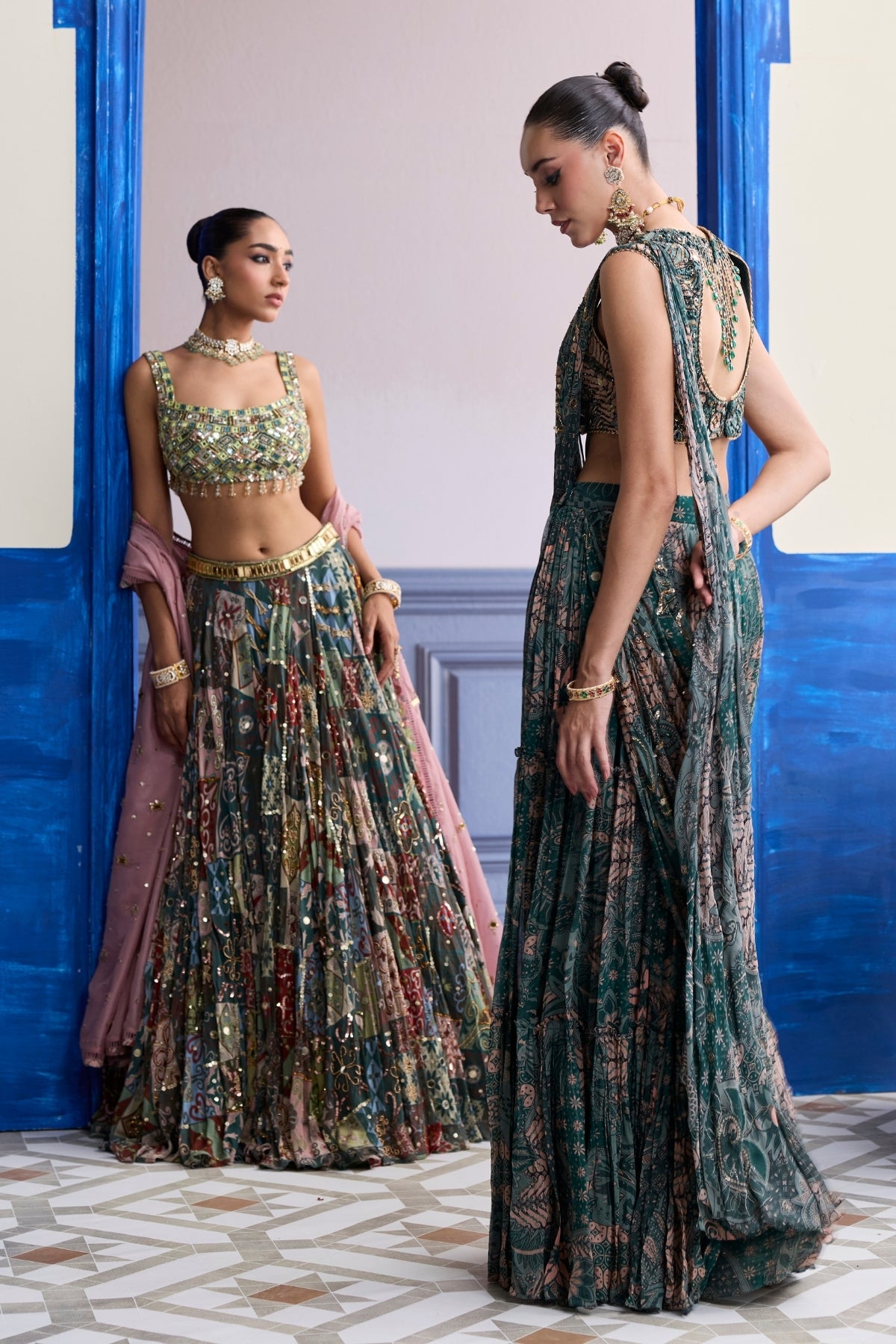 GREEN MIRROR EMBROIDERED BLOUSE WITH FOREST GREEN LEHENGA & EMBROIDERED DUPATTA SET