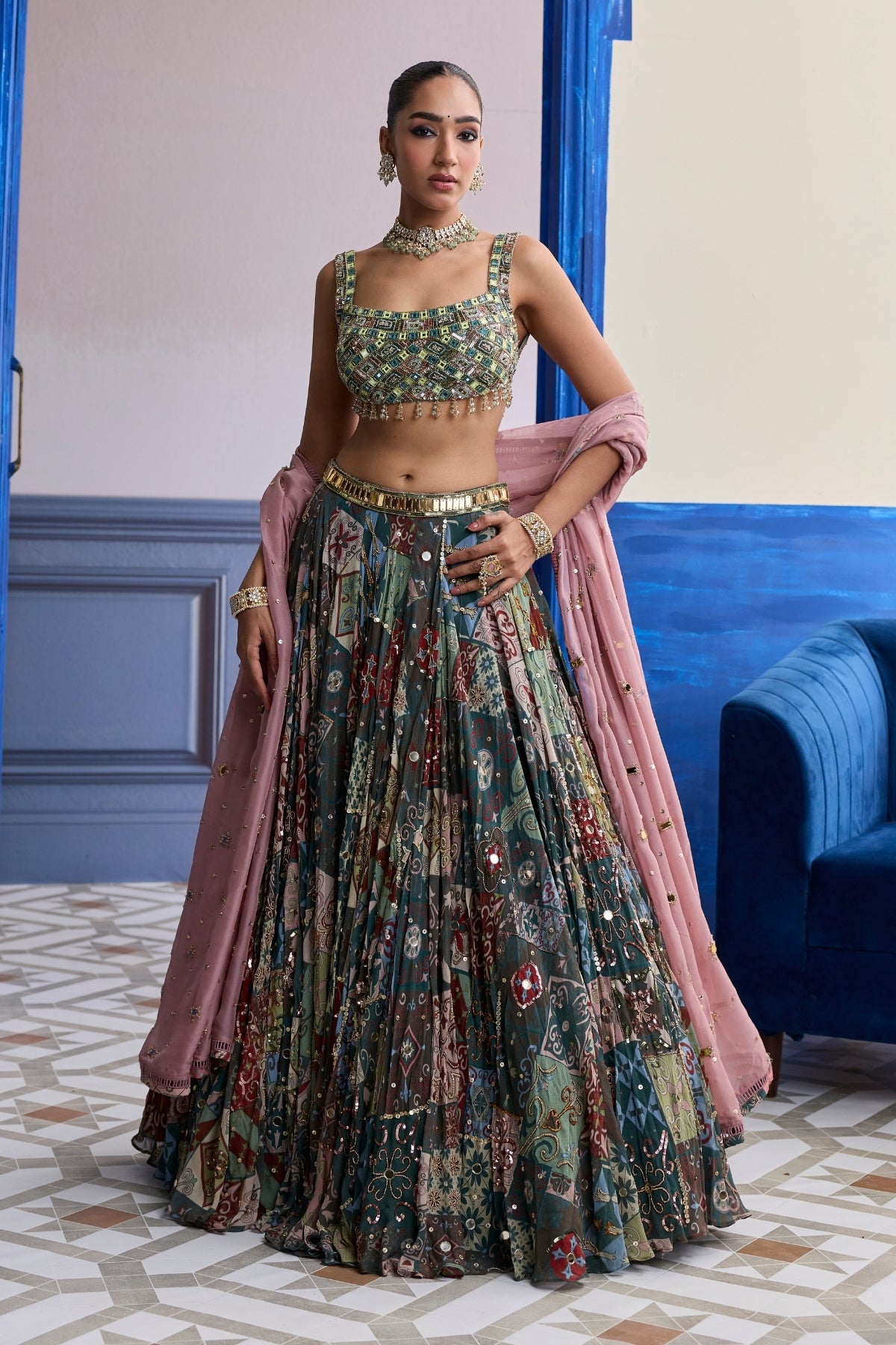 GREEN MIRROR EMBROIDERED BLOUSE WITH FOREST GREEN LEHENGA & EMBROIDERED DUPATTA SET