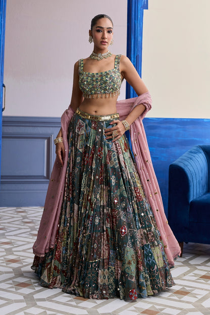 GREEN MIRROR EMBROIDERED BLOUSE WITH FOREST GREEN LEHENGA & EMBROIDERED DUPATTA SET