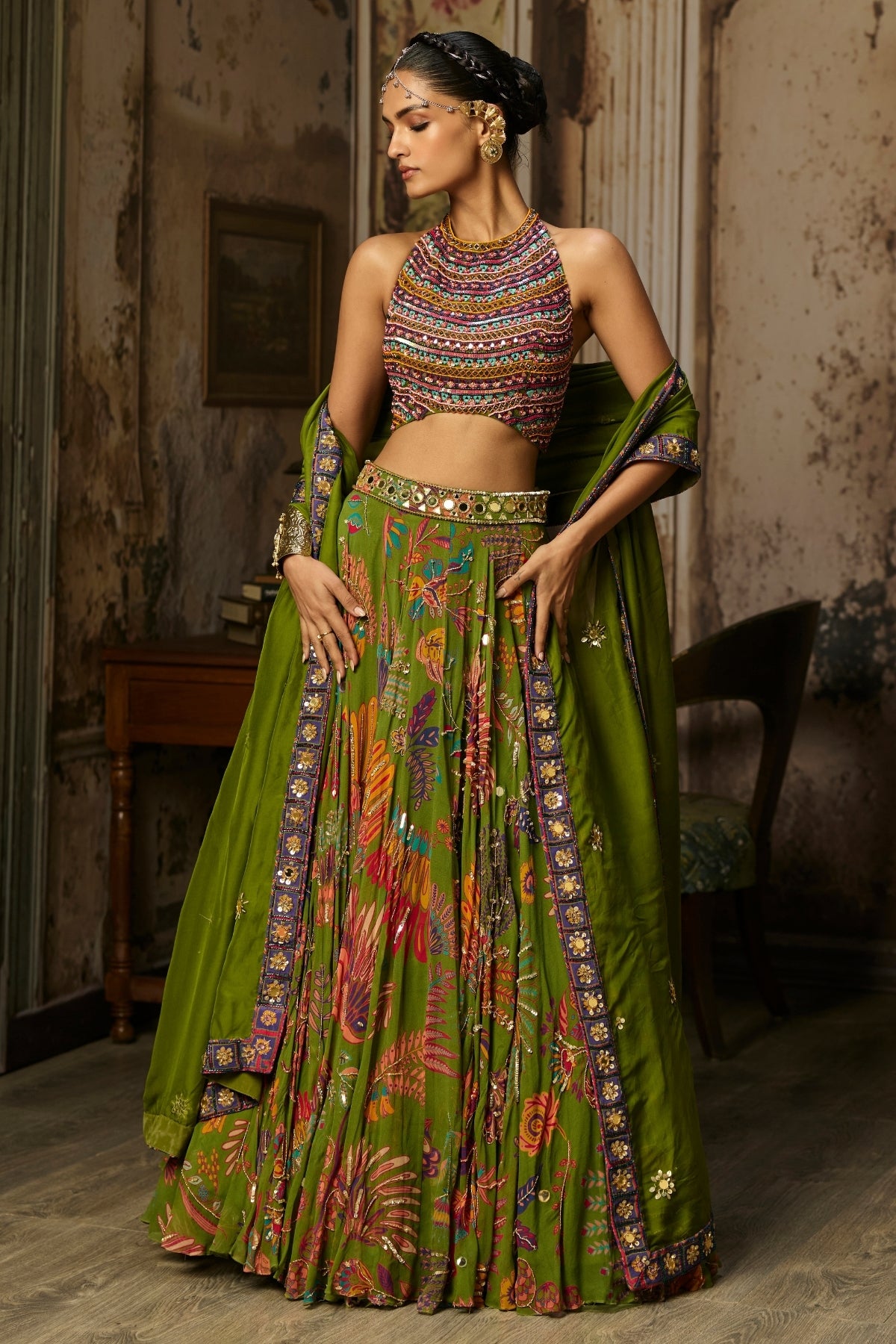 COLORFUL EMBROIDERED BLOUSE WITH PEAR GREEN LEHENGA SET