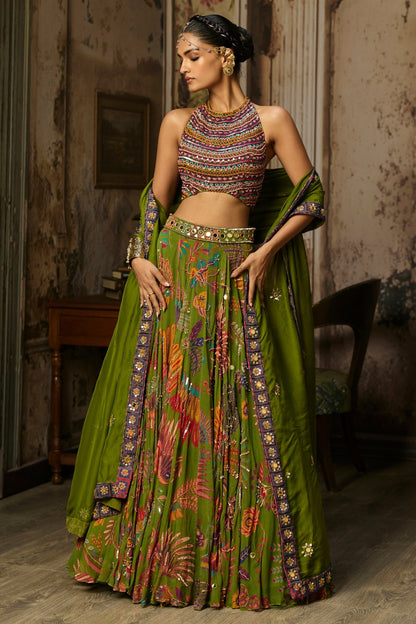 COLORFUL EMBROIDERED BLOUSE WITH PEAR GREEN LEHENGA SET