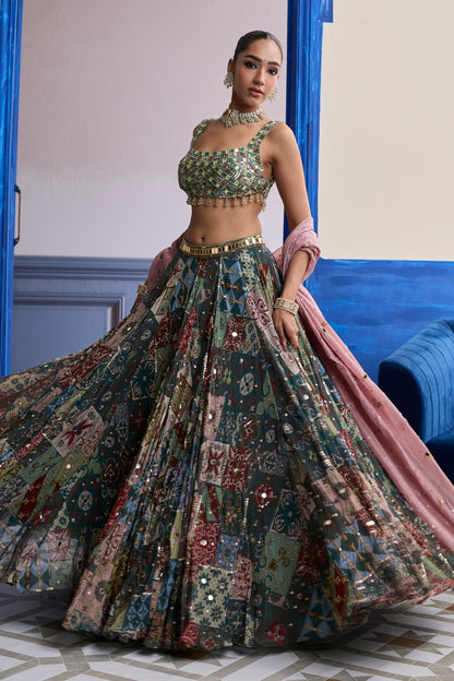 GREEN MIRROR EMBROIDERED BLOUSE WITH FOREST GREEN LEHENGA & EMBROIDERED DUPATTA SET