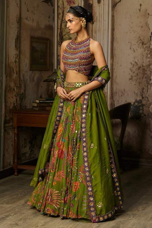 COLORFUL EMBROIDERED BLOUSE WITH PEAR GREEN LEHENGA SET