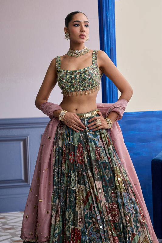 GREEN MIRROR EMBROIDERED BLOUSE WITH FOREST GREEN LEHENGA & EMBROIDERED DUPATTA SET