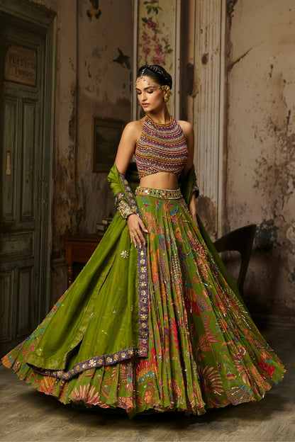COLORFUL EMBROIDERED BLOUSE WITH PEAR GREEN LEHENGA SET