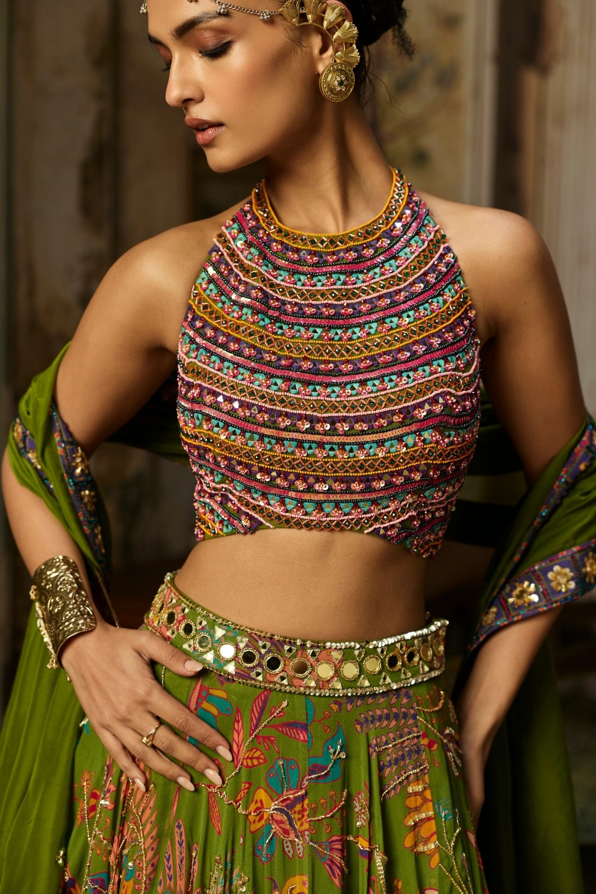 COLORFUL EMBROIDERED BLOUSE WITH PEAR GREEN LEHENGA SET