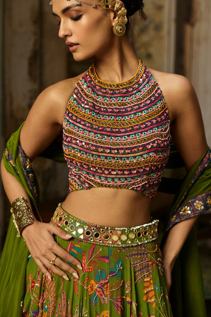 COLORFUL EMBROIDERED BLOUSE WITH PEAR GREEN LEHENGA SET